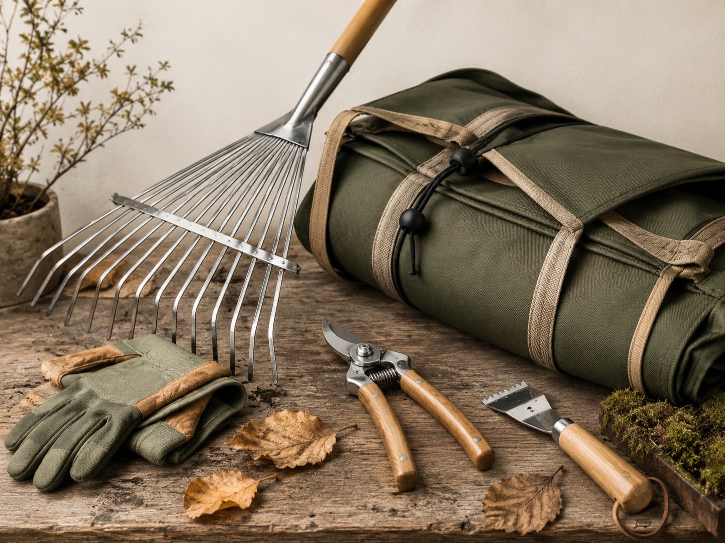 Autumn Tidy Kit garden tool set arranged on a workbench