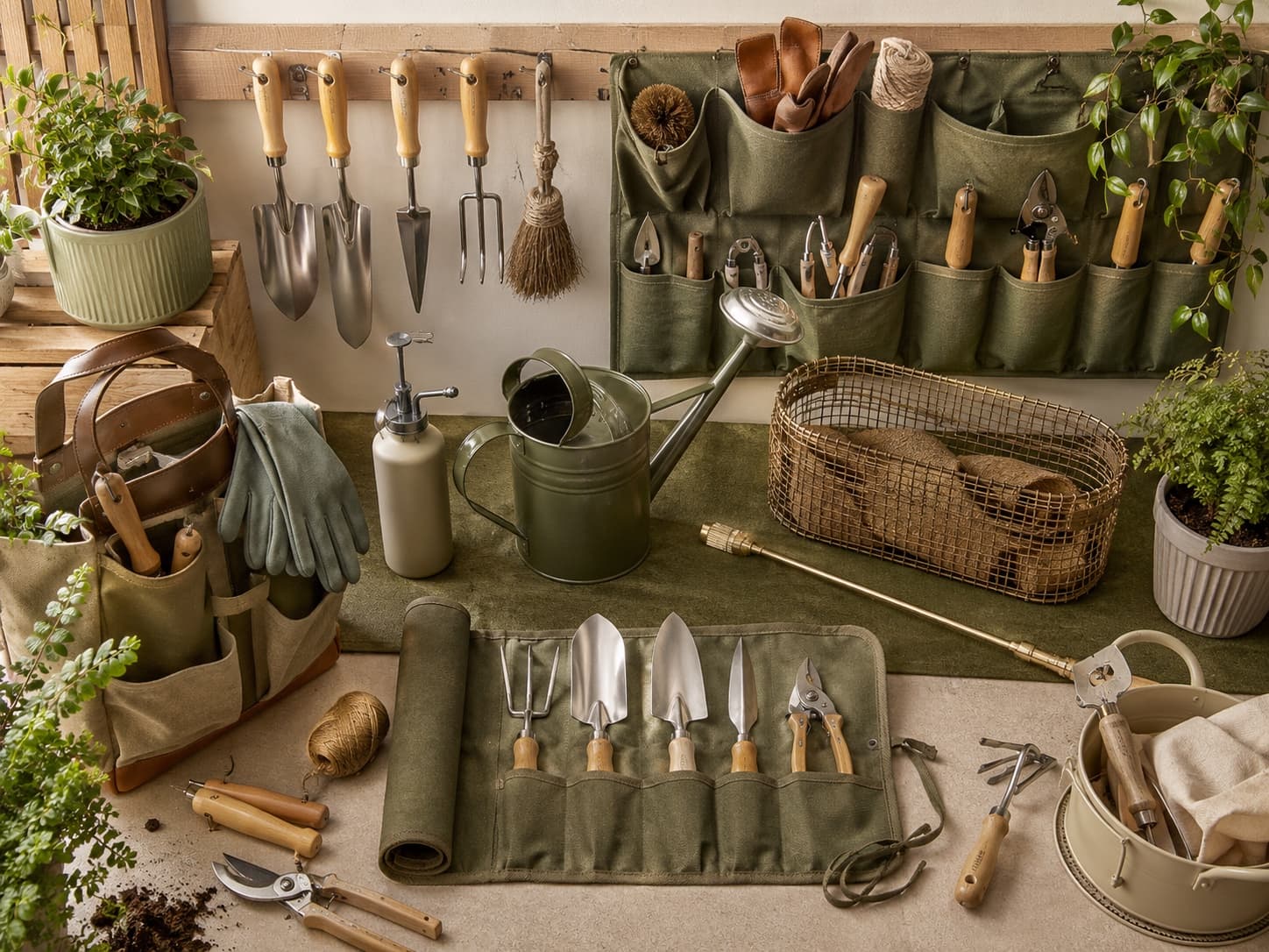 Deluxe Garden Overhaul Bundle garden tool set arranged on a workbench