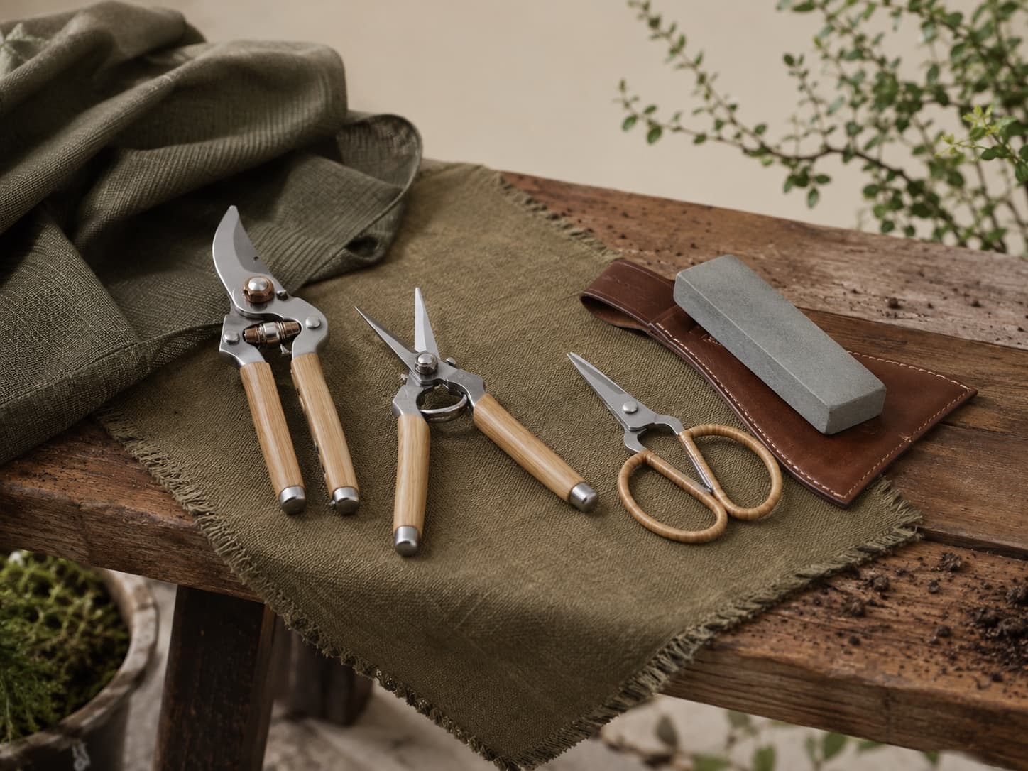 Pruning Trio garden tool set arranged on a workbench