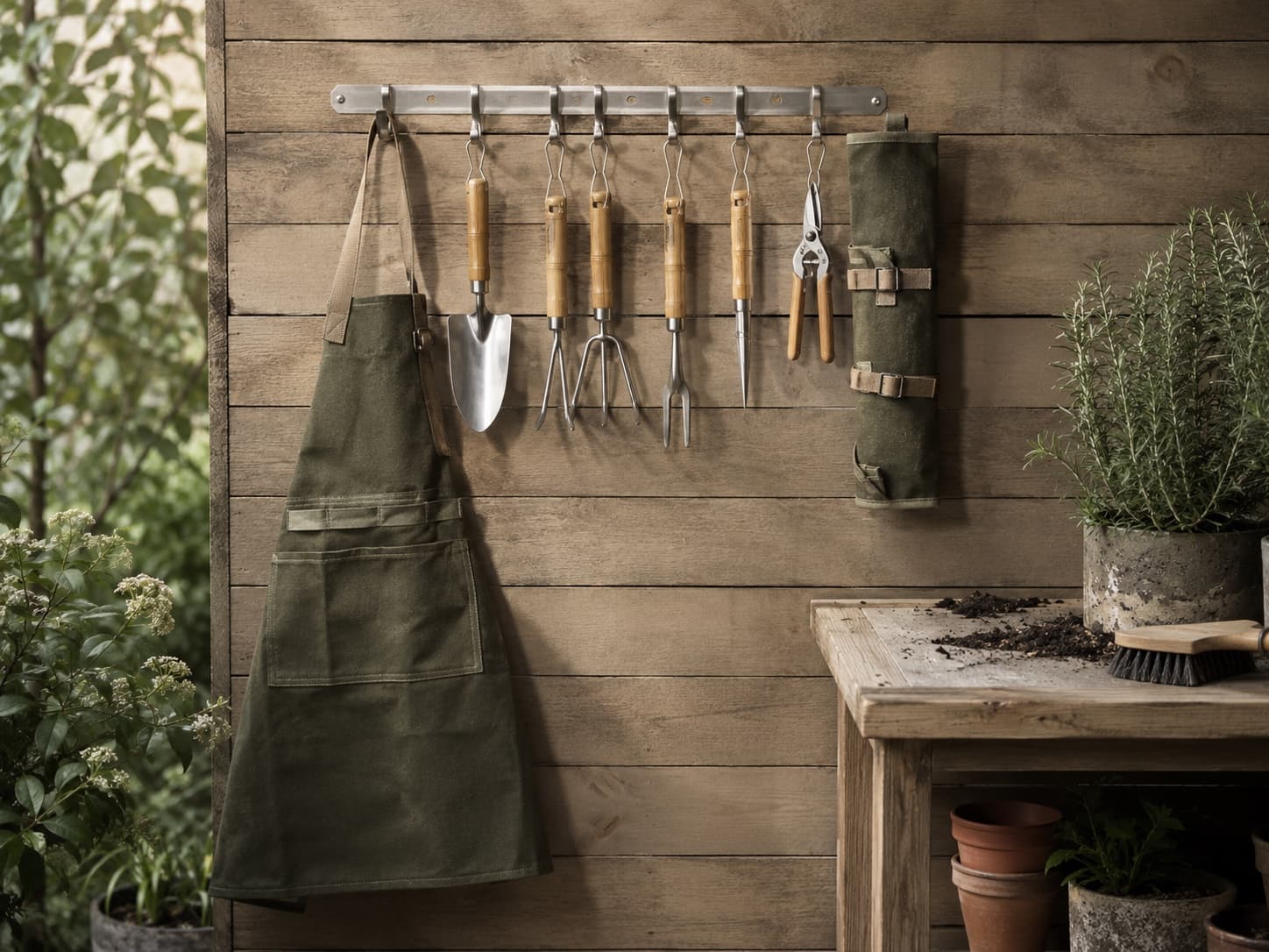 Tidy & Store Bench garden tool set arranged on a workbench