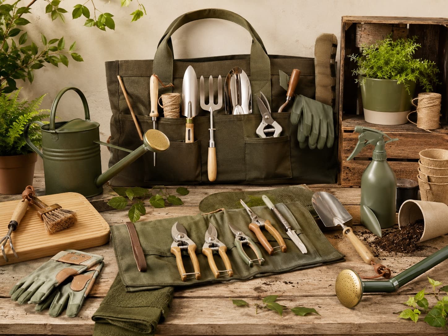 Weekend Gardener Bundle garden tool set arranged on a workbench